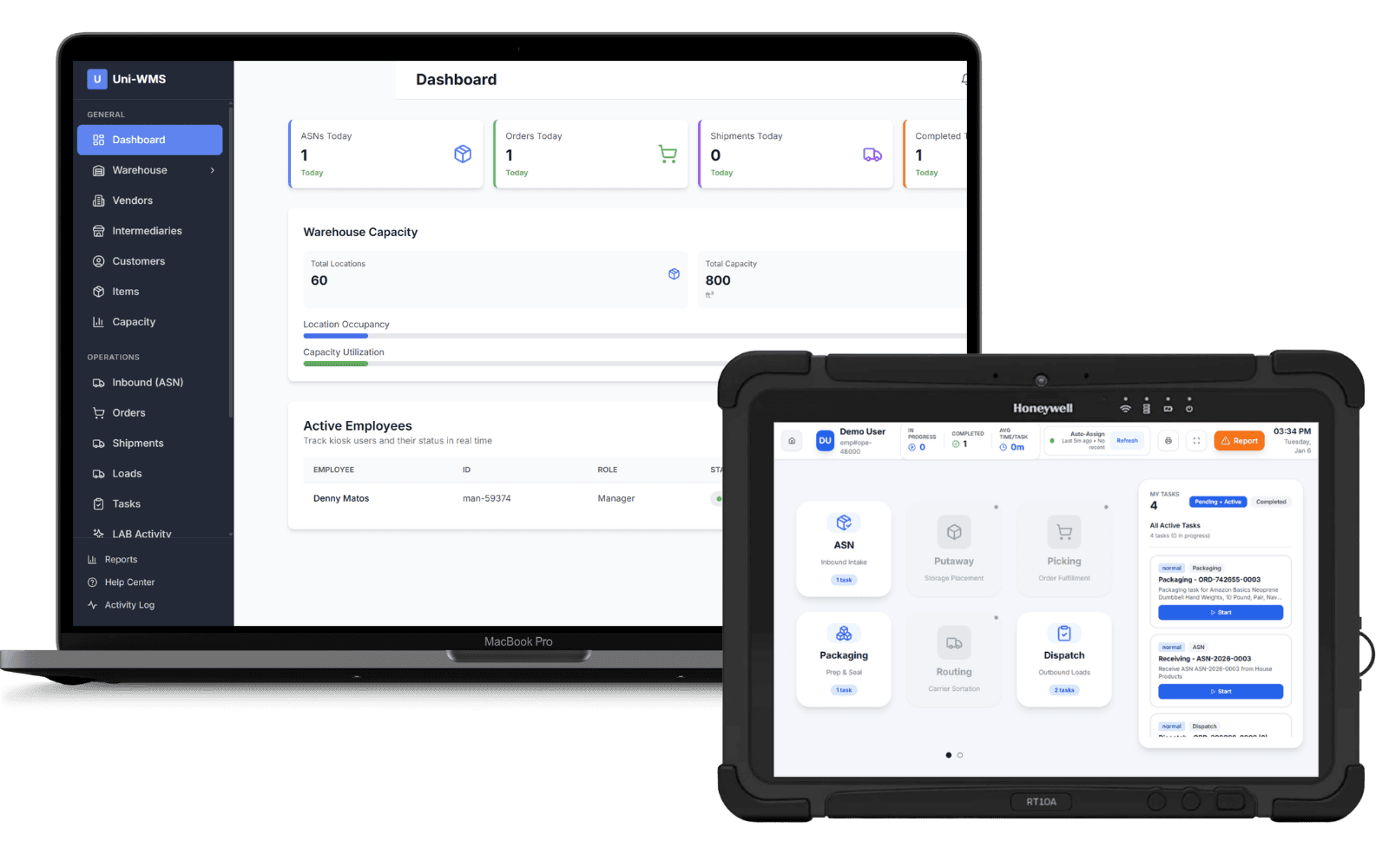 UnieWMS manager dashboard and kiosk rendered on real devices
